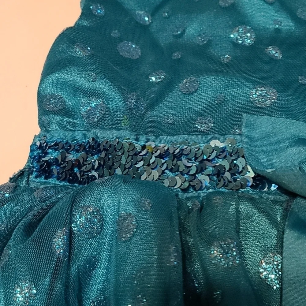 Youngland Girl's Church Dress Teal Sleeveless Glitter Dots Sequins Bow Sz 5 GUC‎